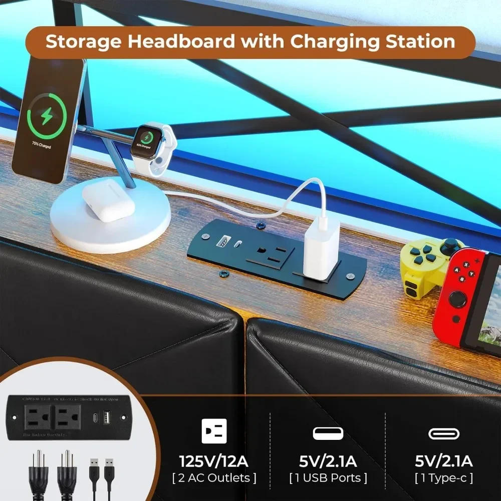 Description Picture 6 of itemCalifornia King Bed Frame with Hidden Storage, 2 Drawers, Led Lights, Charging Station, Upholstered Headboard, Bed Frame