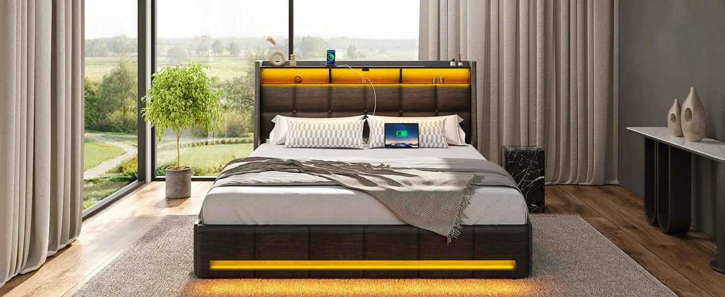 Description Picture 4 of itemTwin Size Bed Frame with LED Lights Charging Station Upholstered Headboard Storage Drawers Sturdy Wood Slats Easy Assembly