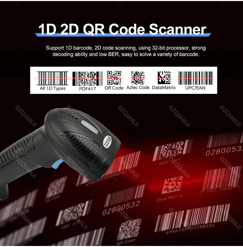 Description Picture 4 of item1D 2D QR Handheld Barcode Scanner Reader Bar Reader Portable USB Wireless 2.4G Bluetooth Connect PDF417 DM Code 3 in 1 1.5m Drop