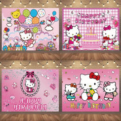Hello Kitty Girls 1st Birthday Party Backdrops for Photography Baby Shower Portrait Background Party Supplies Photo Booth Props