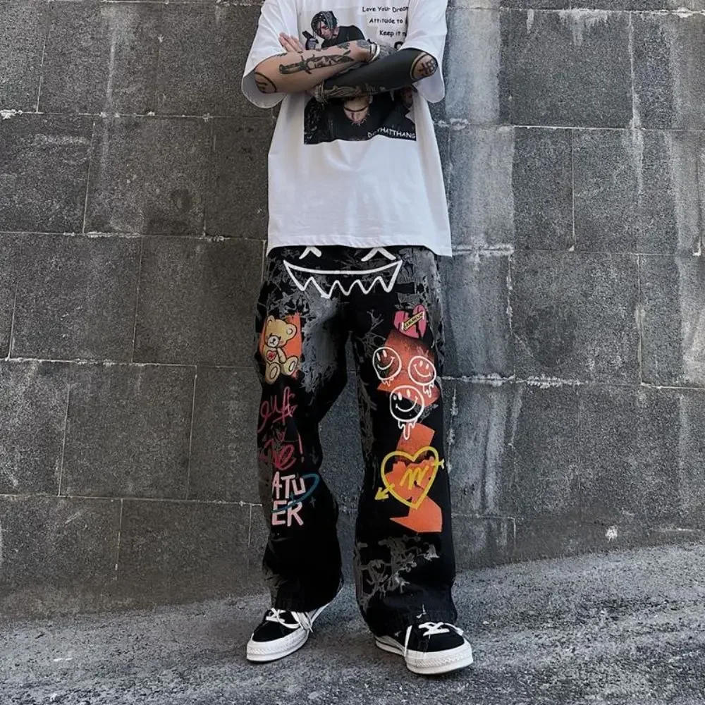 Description Picture 3 of itemRetro Print Graffiti Straight Pants Loose Denim Trousers Street Casual Wide Leg Men Pants Hip Hop Cargo