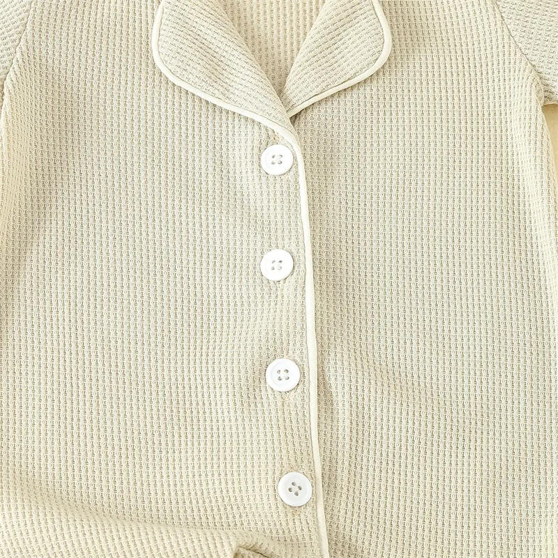 Description Picture 5 of item0-24months Baby Romper Pajama Lapel Neck Short Sleeve Trim Button Down Waffle Jumpsuit Infant Toddler Boys And Girls Sleepwear