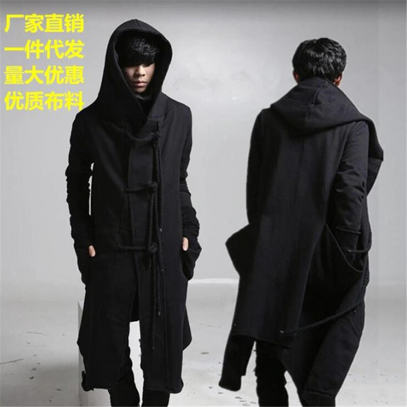 Description Picture 2 of itemAutumn Winter Men Punk Hip Hop Slim Fit Long Trench Coat Hooded Cloak Cardigan Mens Linen Rope Design Gothic Jackets Outerwear