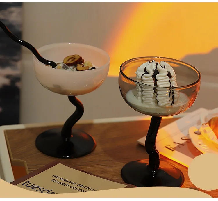 Description Picture 2 of item1 Piece Solid Color Glass Goblet Two Tone Glass Stemware Twisted Stem Champagne Coupes Milk Shake Ice Cream Glasses Cup Ins