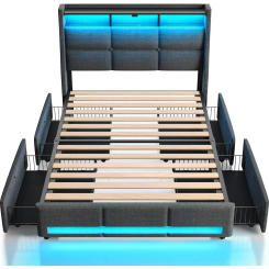 US Twin Size Bed Frame with LED Lights and Charging Station, Upholstered Bed Storage Headboard & Drawers, Heavy Duty Wood