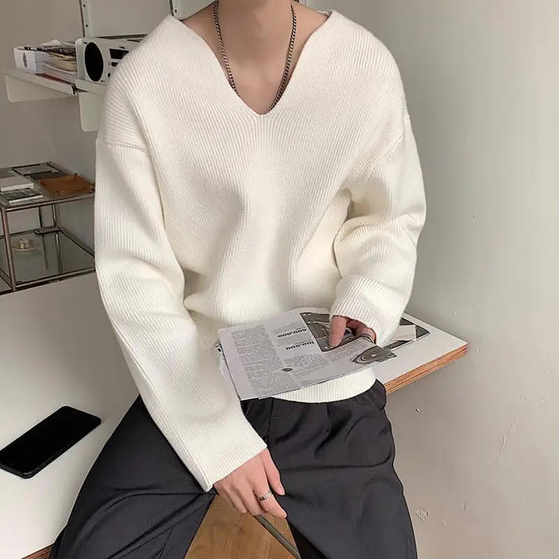 Description Picture 5 of itemV-neck Sweaters Men Korean Style All-match Simple Daily Slouchy Streetwear Classic Solid Handsome Spring Autumn 2023 Pullover