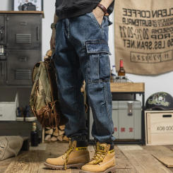 2004 New Korean Style Fashion Men's Trousers Casual Ankle-Length Jeans Classic Man Straight Denim Wide-leg Cargo Pants Q26