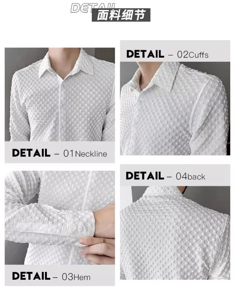 Description Picture 4 of itemBrand Solid Color Shirt Men's 2024 Spring Long Sleeve Slim Casual Business Dress Shirt Social Party Tuxedo Blouse Men Clothing