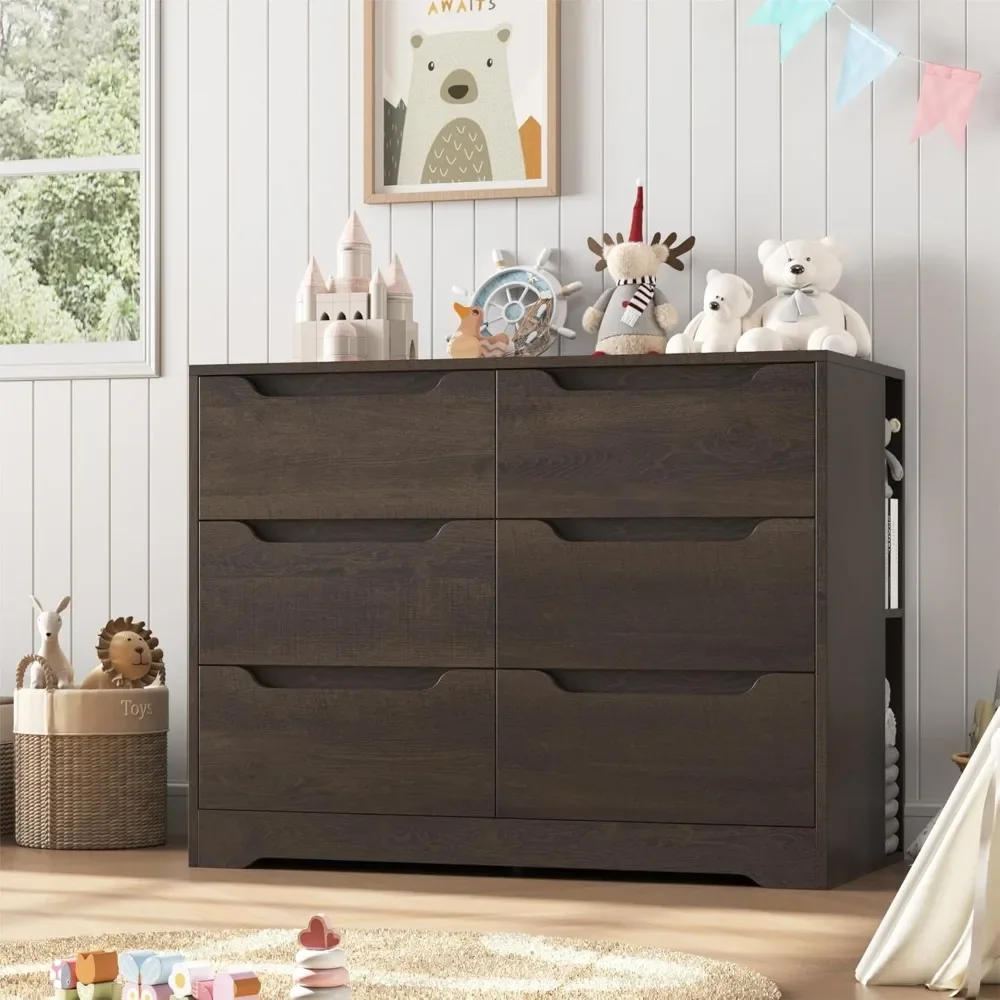 Description Picture 2 of item6 Drawer Dresser for Bedroom, Dresser with 4 Cubbies, Wood Chest of Drawers with Cut-Out Handles, Modern Storage Chest