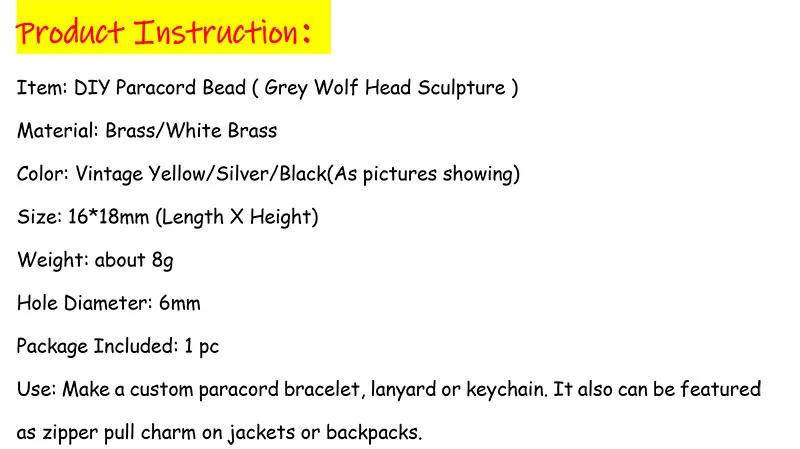 Description Picture 2 of itemGrey Wolves Head Sculpture Brass Knife Bead Outdoor EDC Umbrella Rope Pendant DIY Paracord Bracelet Accessories Lanyard Hangings