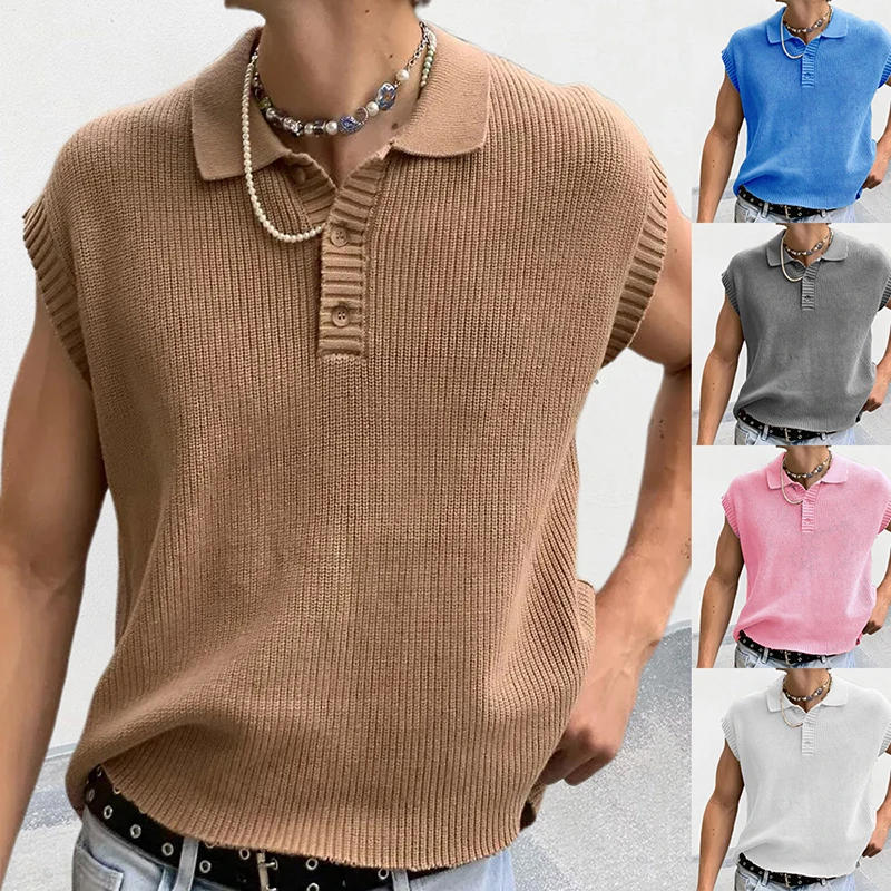 Description Picture 2 of itemLeisure Solid Knitting Tops Men Sleeveless Buttoned Turn-down Collar Knit Vest Shirts 2023 Spring Summer Men's Clothing Fashion