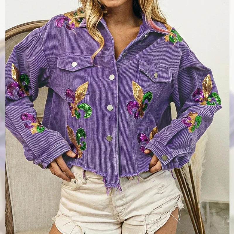 Description Picture 5 of itemFloral Corduroy Coat Women Mardi Gras Spring Autumn Ropa Cardigan Sequin Punk Gothic Bomber Jacket Windbreaker Y2k Jackets