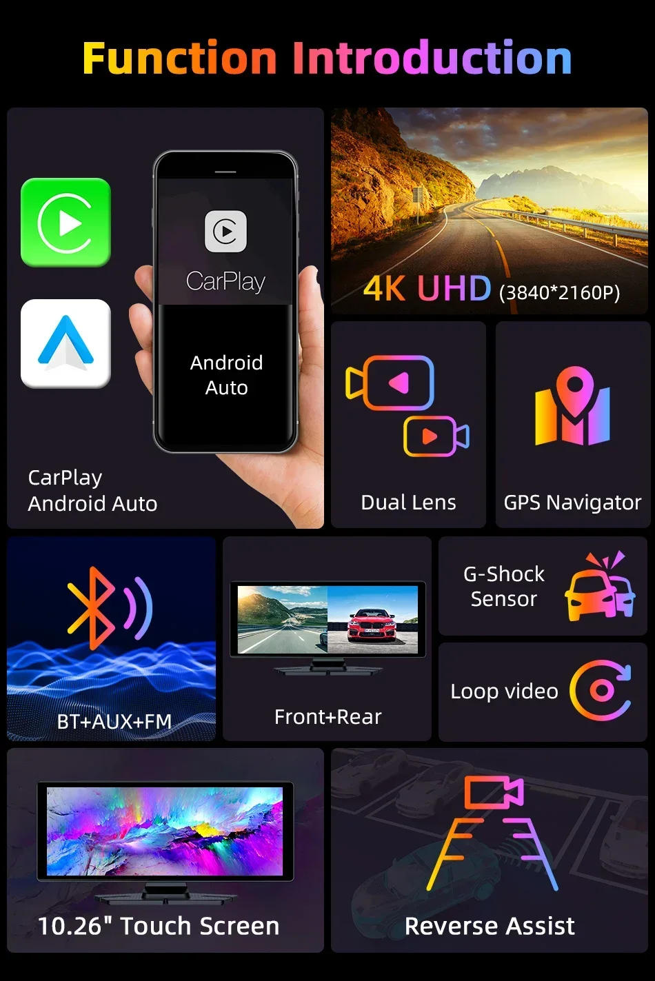 Description Picture 5 of item10.26" Car DVR Intelligent Screen with 4K 360° Rotation Dash Cam Wireless CarPlay & Android Auto Stereo AUX FM Bluetooth WIFI