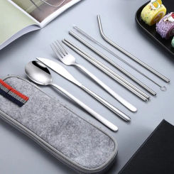 1set Silvery/Golden 304 Stainless Steel Straw Tableware Set Portable Knife Fork Chopsticks Straw and Brush