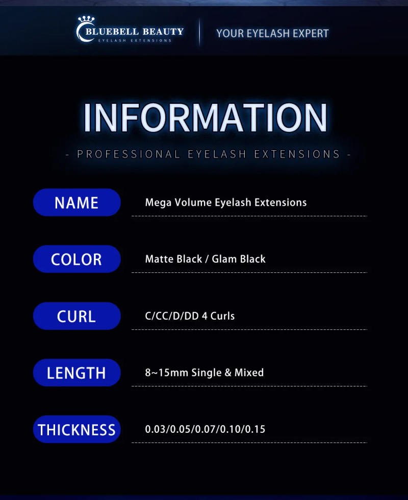 Description Picture 3 of itemBluebell Beauty All Sizes 8-15mm Individual Eyelashes Extension Matte Black Russian Volume Eyelashes Silk Long/Short/Lower Lash