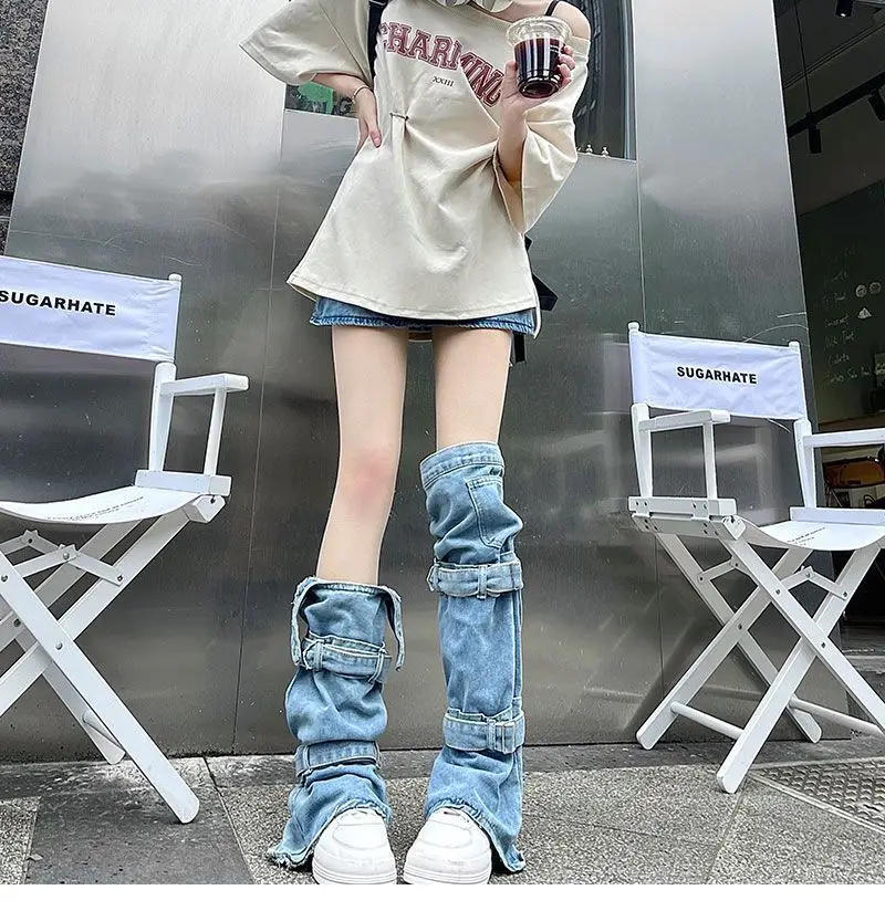 Description Picture 5 of itemHarajuku Women Leg Warmers Socks Punk Rock Denim Adjustable Knee High Socks Japanese Fashion Streetwear Leg Cover