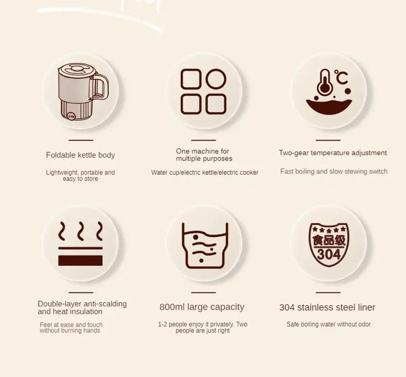 Description Picture 3 of itemAll-Steel 220V Folding Kettle Travel Business Traveling Portable Kettle Stainless Steel Electric Heating Cup Mini Household