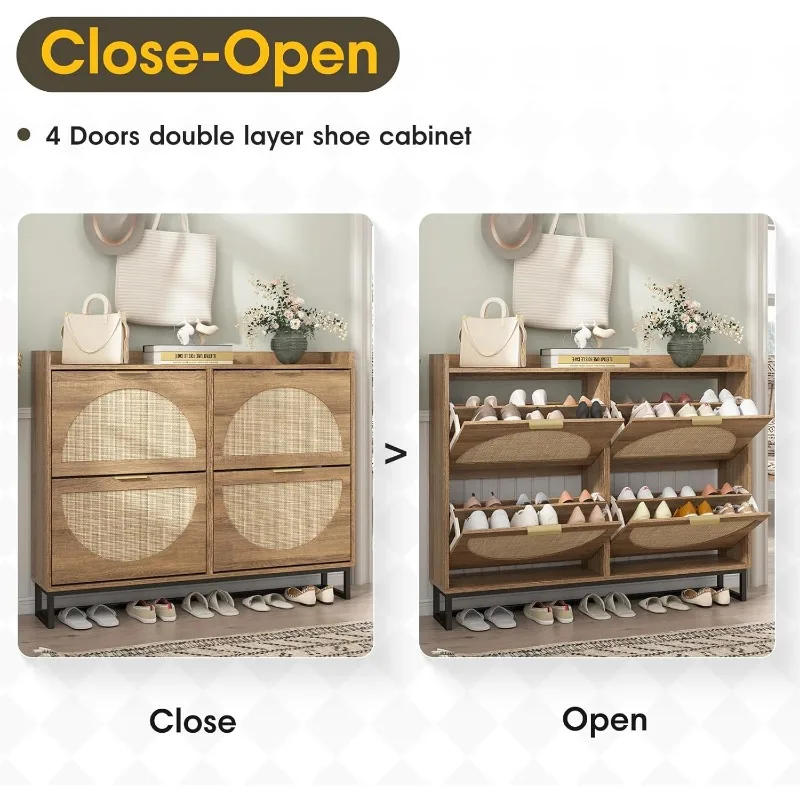 Description Picture 6 of itemLarge Rattan Shoe Storage Cabinet with 4 Flip Drawers, Freestanding Shoe Organizer with Metal Legs for Entryway, Hidden Golden