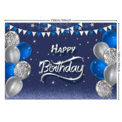 1pc Birthday Backdrop Banner,Silvery And Navy Blue Happy Birthday Yard Sign Poster,Birthday Backdrop Backgroud,Party Decoration