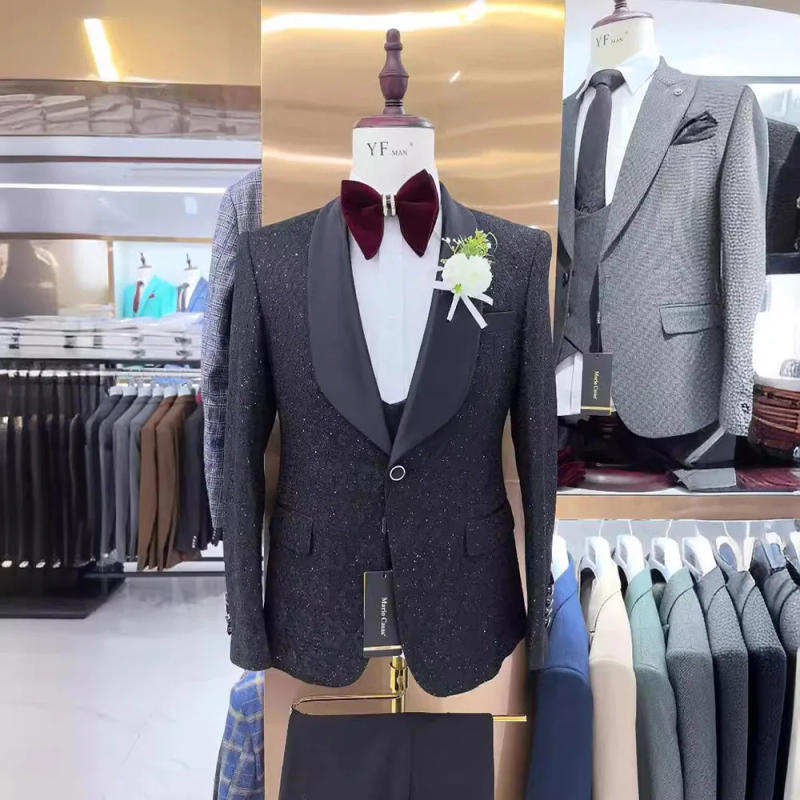 Description Picture 5 of itemWhite Wedding Suits for Men Jacquard One Button Black Shawl Lapel Elegant Groomsmen 3 Piece Jacket Pants Vest Slim Fit Full Sets