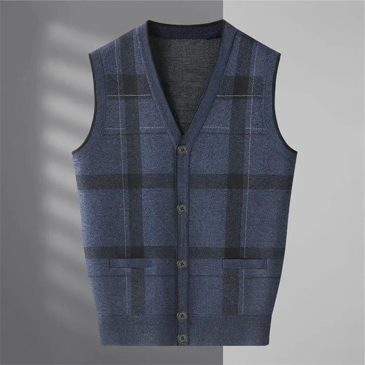 Description Picture 5 of itemTop Grade Wool Men Sweater Vest 2023 New Autumn and Winter Warm Fashion V-Neck Smart Casual Classic Knitted Plaid Vest A69
