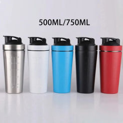 500/750ml  Leak Proof Water Bottle for Gym Fitness Sport Whey Shakes Cup with Scale Stainless Steel Protein Powder Shaker Bottle