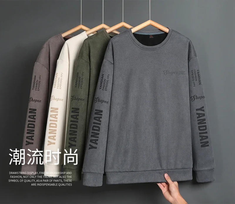 Description Picture 4 of item2024 Spring Autumn New Men's Sweatshirt Suede Fabric Fleece Casual Tops Male Vintage Sweatshirts Harajuku Print Fashion Pullover