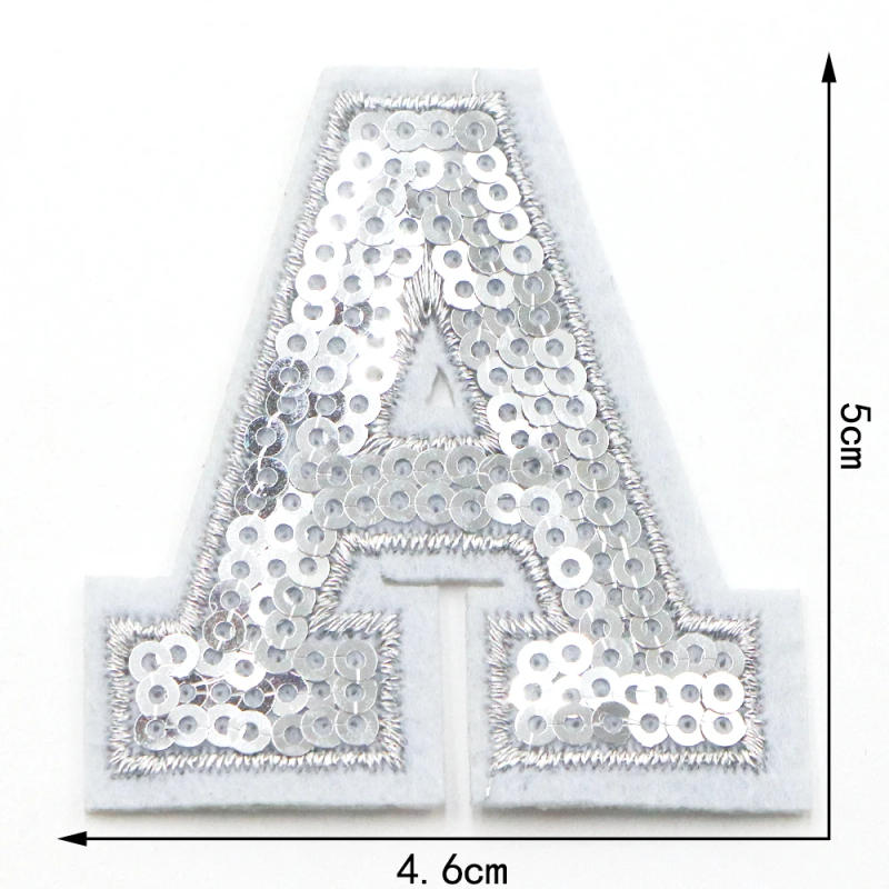 Description Picture 3 of item1PC 50MM Silver Sequin Letter Embroidered Letter Patch DIY Name Patches Iron On Alphabet Appliques Sewing Jacket Coats Badge