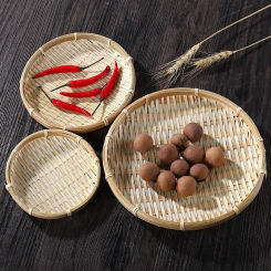 Handwoven Bamboo Storage Tray Fruit Vegetable Bread Food Basket Container Kitchen Storage Baskets Round Food Cake Plate