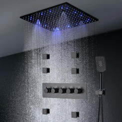 20'' Black Shower Set 500mm LED ceiling Rain Mist Shower head Body jets 2'' Massage Thermostatic 4 Ways mixer
