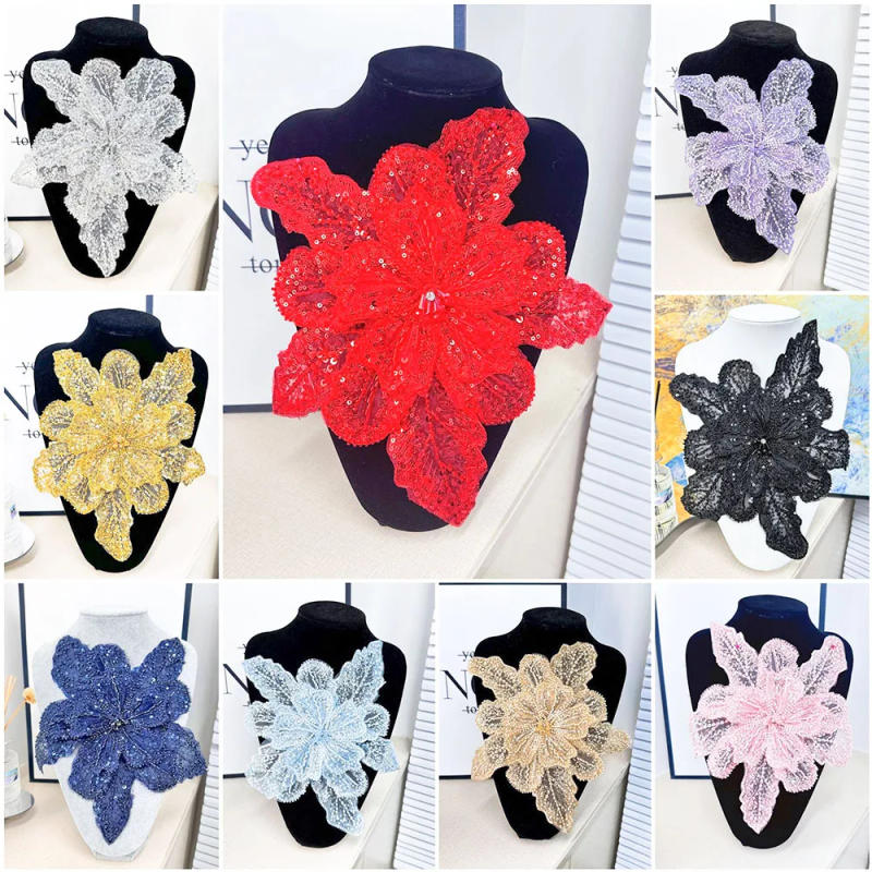 Description Picture 2 of item1PC Sequin Beaded 3D Floral Lace Patches Multi Layered Applique Clothing Fabric Sewing Material DIY Handmade Shiny Evening Dress