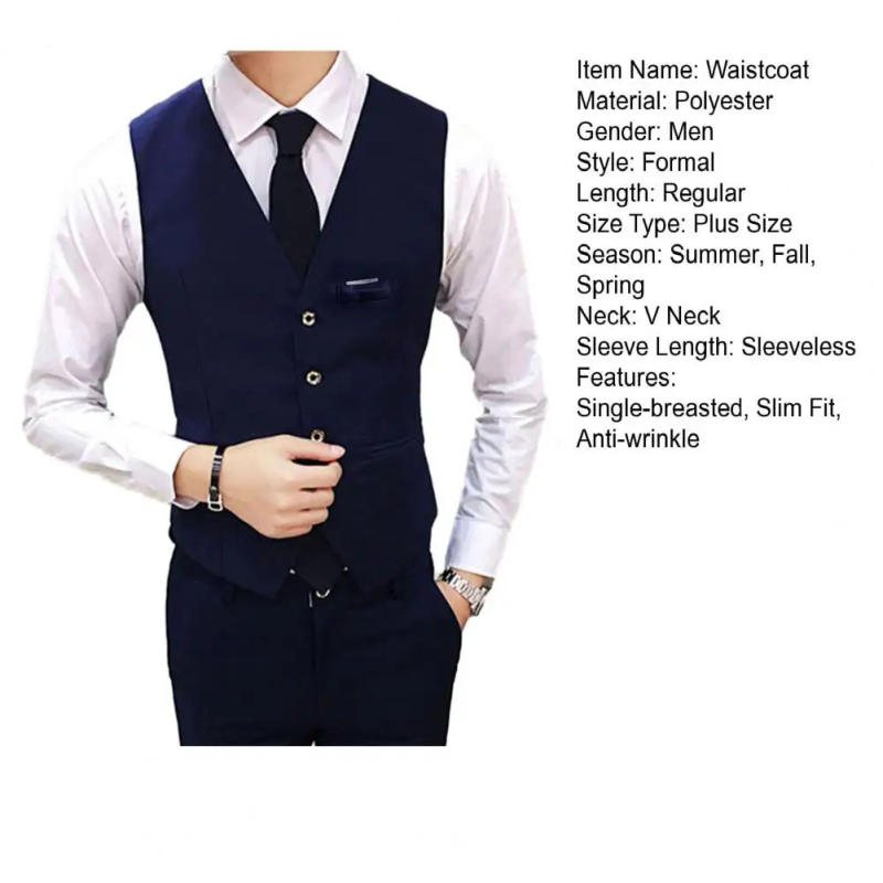 Description Picture 3 of itemStylish Men's Slim Fit V-neck Suit Vest Single-breasted Cardigan for Formal Business Groom Wedding Coat Solid Color Elegance