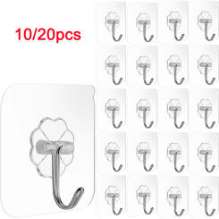 20/10pcs Transparent Wall Hooks Heavy Duty Wall Hook Adhesive Hooks Door Hangers Load Rack Hooks Strong Bathroom Kitchen