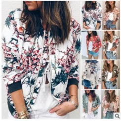 Coat women's jacket 2025 Autumn Spring Fashion lantern sleeve floral print round o neck zipper long sleeve Jacket for women
