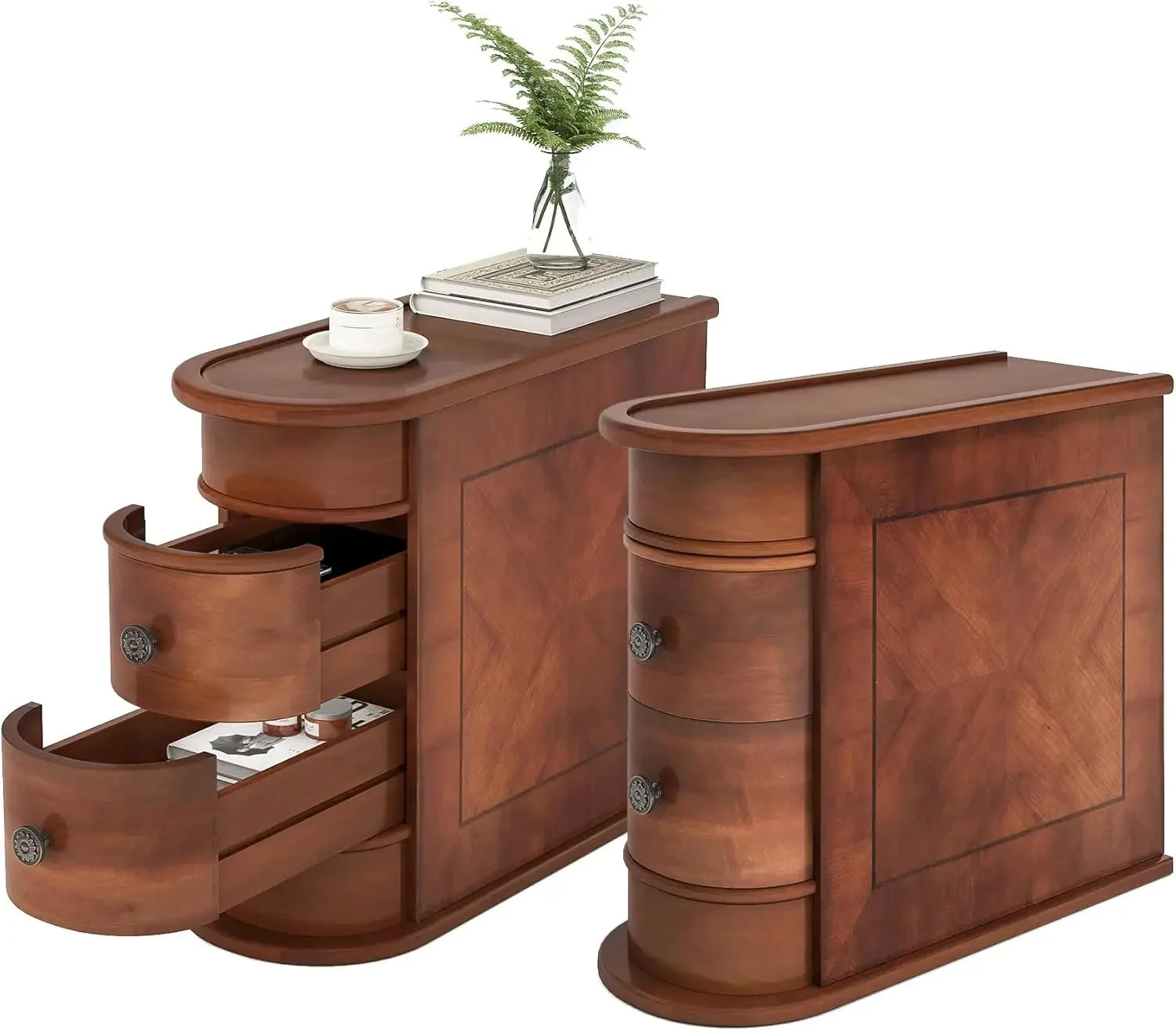 Description Picture 2 of itemTable Set of 2 No Assembly Required Wood End Table with 2 Drawers Sofa Side Table for Living Room Vintage Slim Nightstand