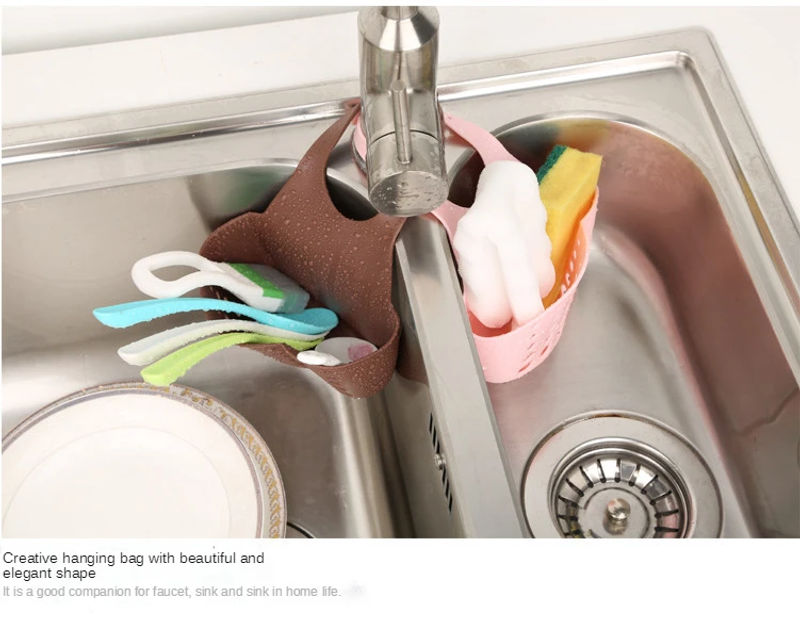 Description Picture 5 of itemSink Shelf Soap Sponge Drain Rack Hanging Bag Kitchen Accessorie Bathroom Holder Strap Faucet Storage Basket with Drain Holes