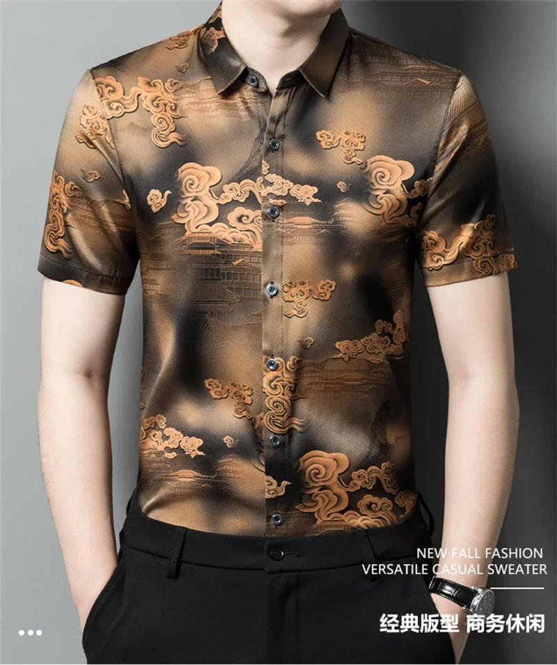 Description Picture 2 of itemLucky Cloud 3D Print Dress Men Shirt Vintage Casual Short Sleeve Summer Top Quality Silk Smooth Comfortable Luxury Chemise Homme
