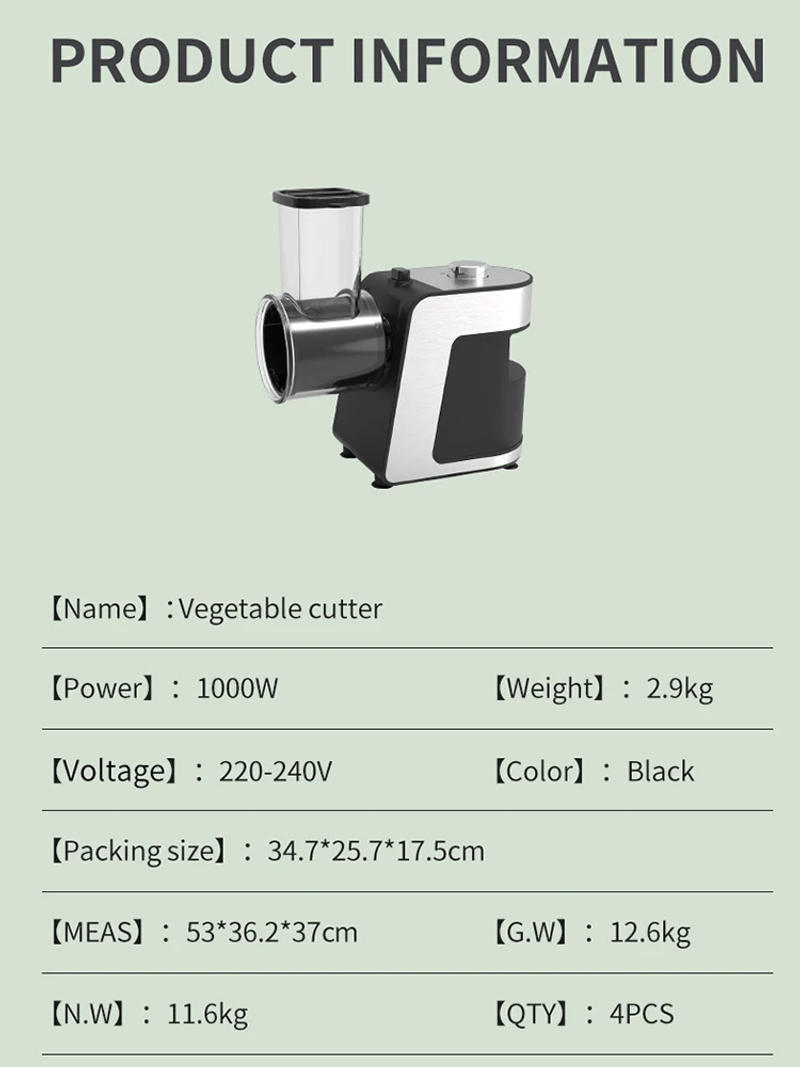 Description Picture 3 of item220V Electric Vegertable Cutter With 5Set Stainless Steel Blade 1000W Multifunction Potato Cucumber Carrot Slicer Food Processor