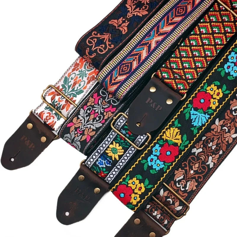 Description Picture 2 of itemNew Ethnic Style Jacquard Leather Guitar Strap for Folk Guitar Electric Acoustic Ukulele Bass Guitar Accessories