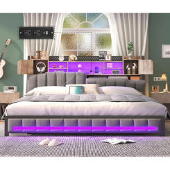 King Size Bed Frame and Bookcase Storage Headboard,LED Upholstered Bed Frame with Charging Station,Light up Platf