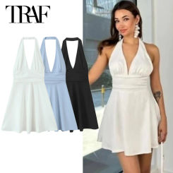 TRAF Womens Halter Dresses White Black Blue Dress Summer 2025 Woman Sexy Mini Sleeveless Backless Dress Casual Holiday Vestidos