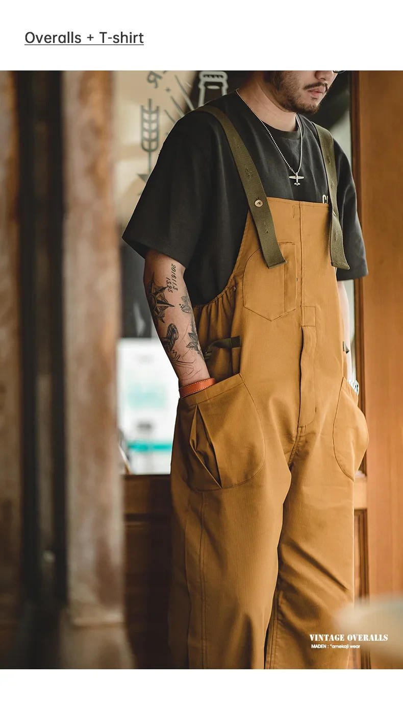 Description Picture 5 of itemMaden 2023 New Men's Bib Pants American Vintage Loose Solid Jumpsuits Streetwear Multi Pockets Casual Suspenders Cargo Overalls
