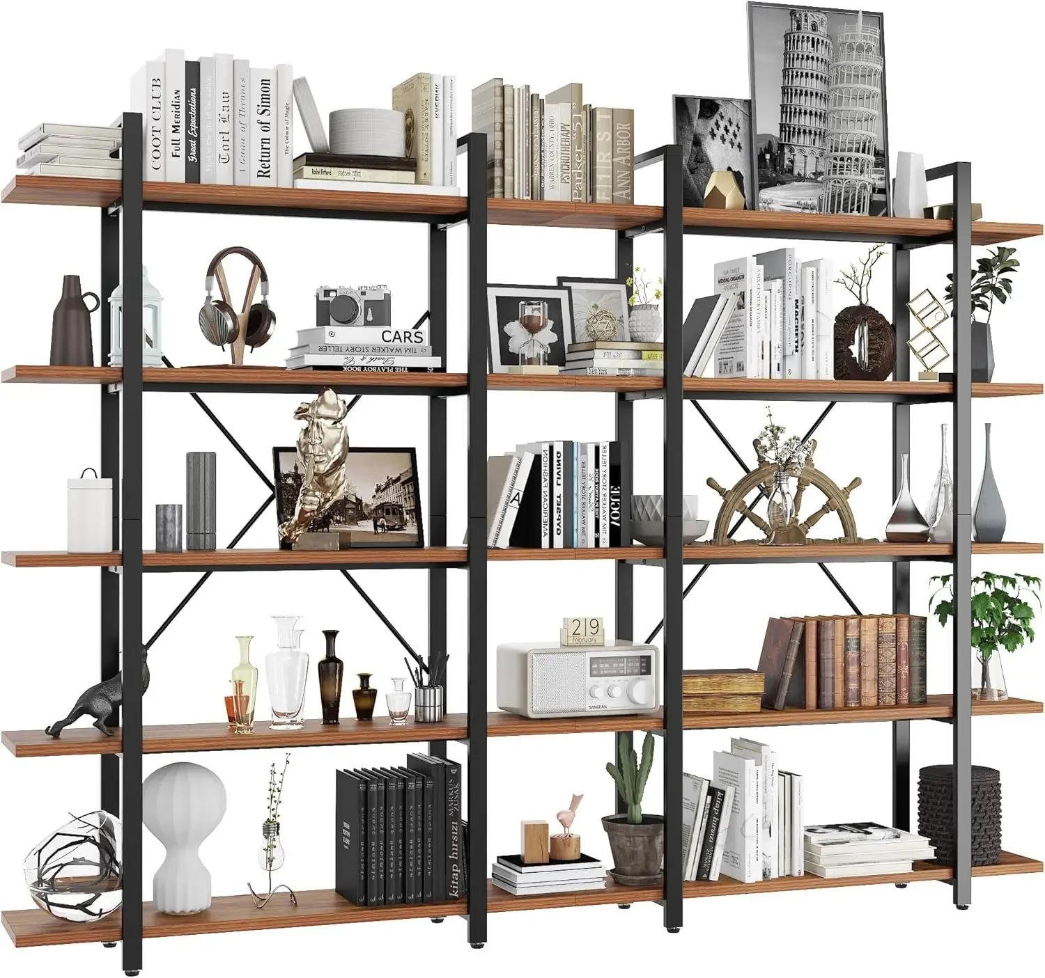 Description Picture 2 of itemWood and Metal Minimalist 5 Tier Bookshelf Large Tall Open Rustic Wide Bookcase Industrial Style Modern Wooden Big Book Shelf