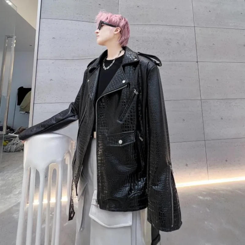 Description Picture 4 of itemHigh Street Men Autumn Loose Fit Crocodile Pattern Glossy Faux Leather Jacket Oversized Moto Biker Coat Punk Stage Show Outwear