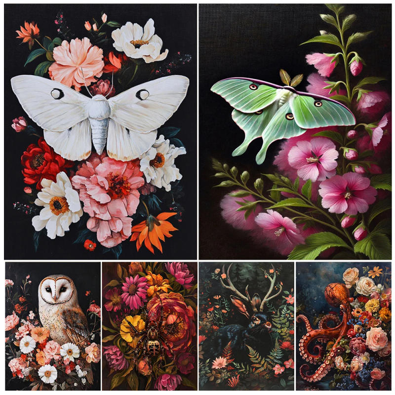 Description Picture 2 of itemSkull Head Moth And Floral Spider Wall Art Canvas Painting,Dark Magic Creatures And Floral Art,Poster And Print Home Decoration