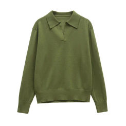 TRZA Women's Fashion Loose Knit Sweater Polo Collar Long Sleeve Pullover Chic Tops