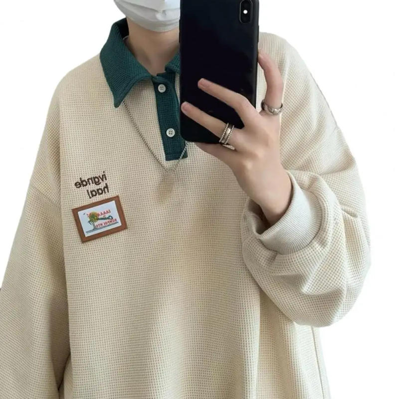 Description Picture 5 of itemMen Japanese Style Sweatshirt Retro Design Sweatshirt Men's Waffle Texture Sweatshirt with Lapel Collar Logo Print for Sport