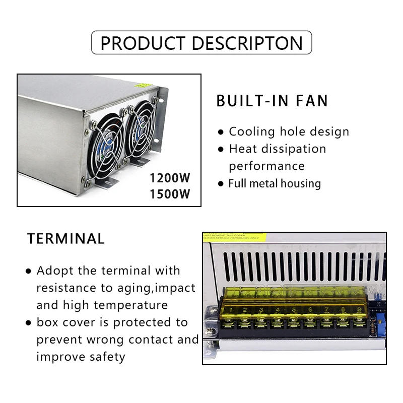 Description Picture 5 of itemDC48V 720W 800W 1000W 1200W 1500W High Wwitching Power Supply Aluminum Case Fan 110V 220V AC to DC 48V Transformer Converter