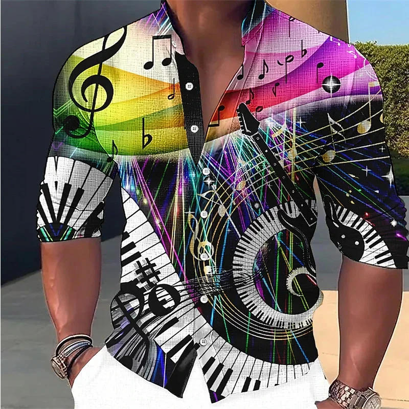 Description Picture 3 of itemLinen Fashion Stand Collar Men Shirts Cool Music Festival Notes Piano Keys HD Printing Long Sleeves Party Fashion 2023 Plus Size