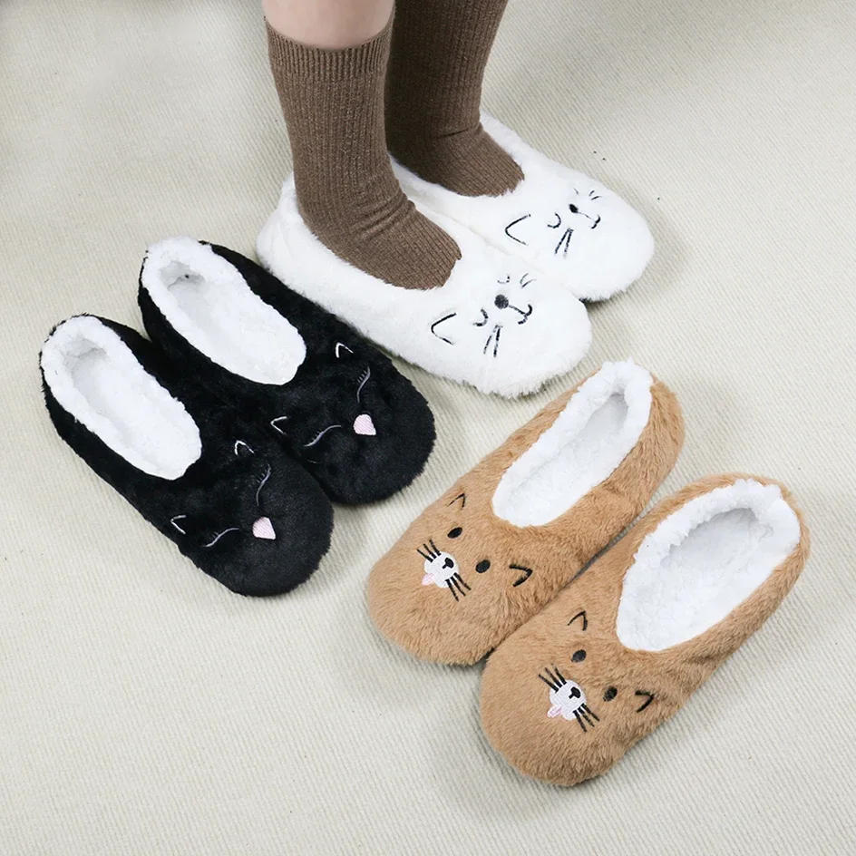 Description Picture 3 of itemWomens Slippers Winter Padded Thicken Home Plush Soft Fluffy Animal Pattern Cat Embroidery Cute Funny Non-slip Home Floor Shoes